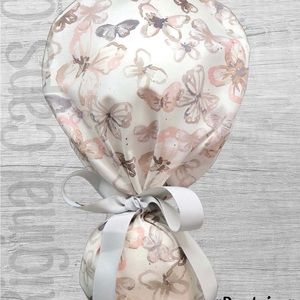 Nursing Scrub Cap with Ribbon Ponytail - Soft Butterflies
